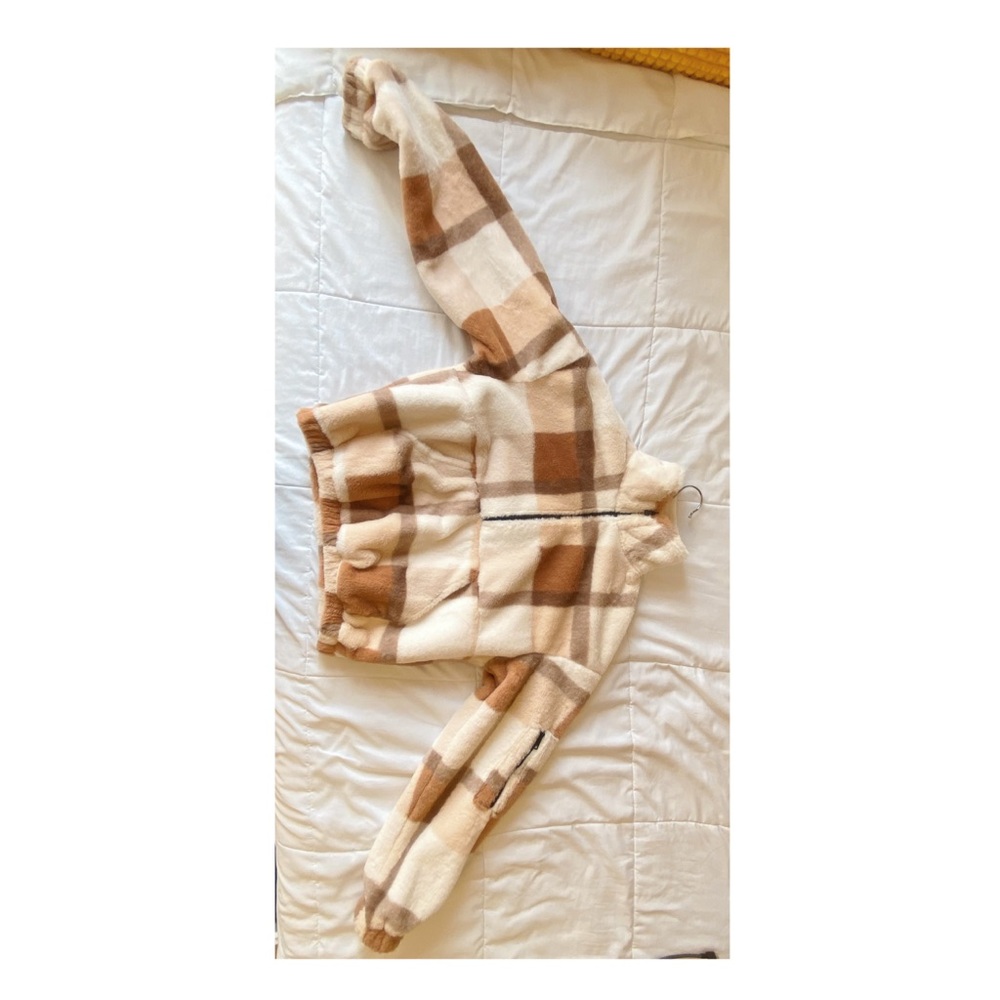 Brown cream and white plaid fluffy sweater